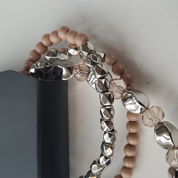 Boutique Paparazzi Beige and Silver 3 Strand Stretchy Fashion Bracelets - Picture 2 of 5